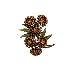 Weiss Brooch Womens Signed Gold Amber Rhinestone Enamel Floral Bouquet Vintage